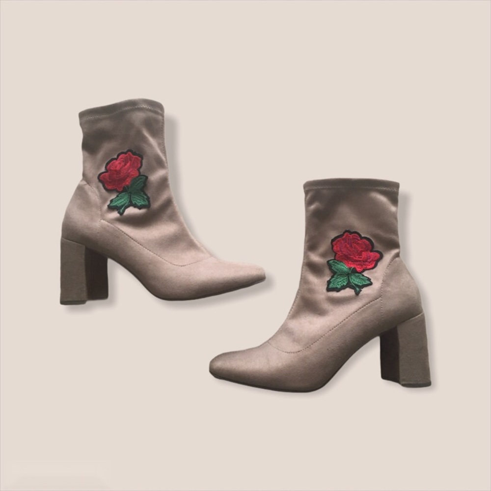 Faux Suede Boots with Rose Embroidery (Tan)